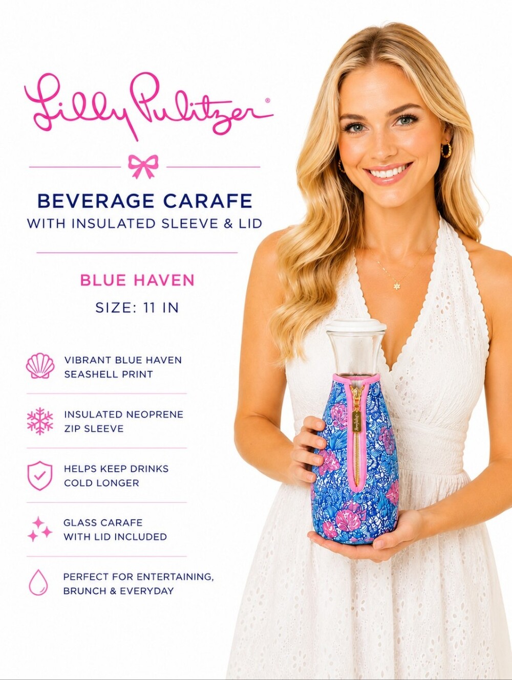 Lilly Pulitzer Blue Haven Glass Beverage Carafe w/ Insulated Zip Sleeve & Lid